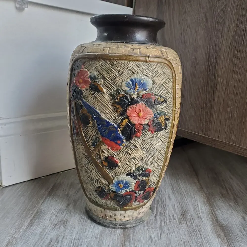 Vintage Asian Japanese Hand Painted Floral Pottery Vase